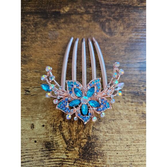 Vintage Y2K Rose Gold w/ Blue Rhinestone Flower Hair Comb - Picture 2 of 4